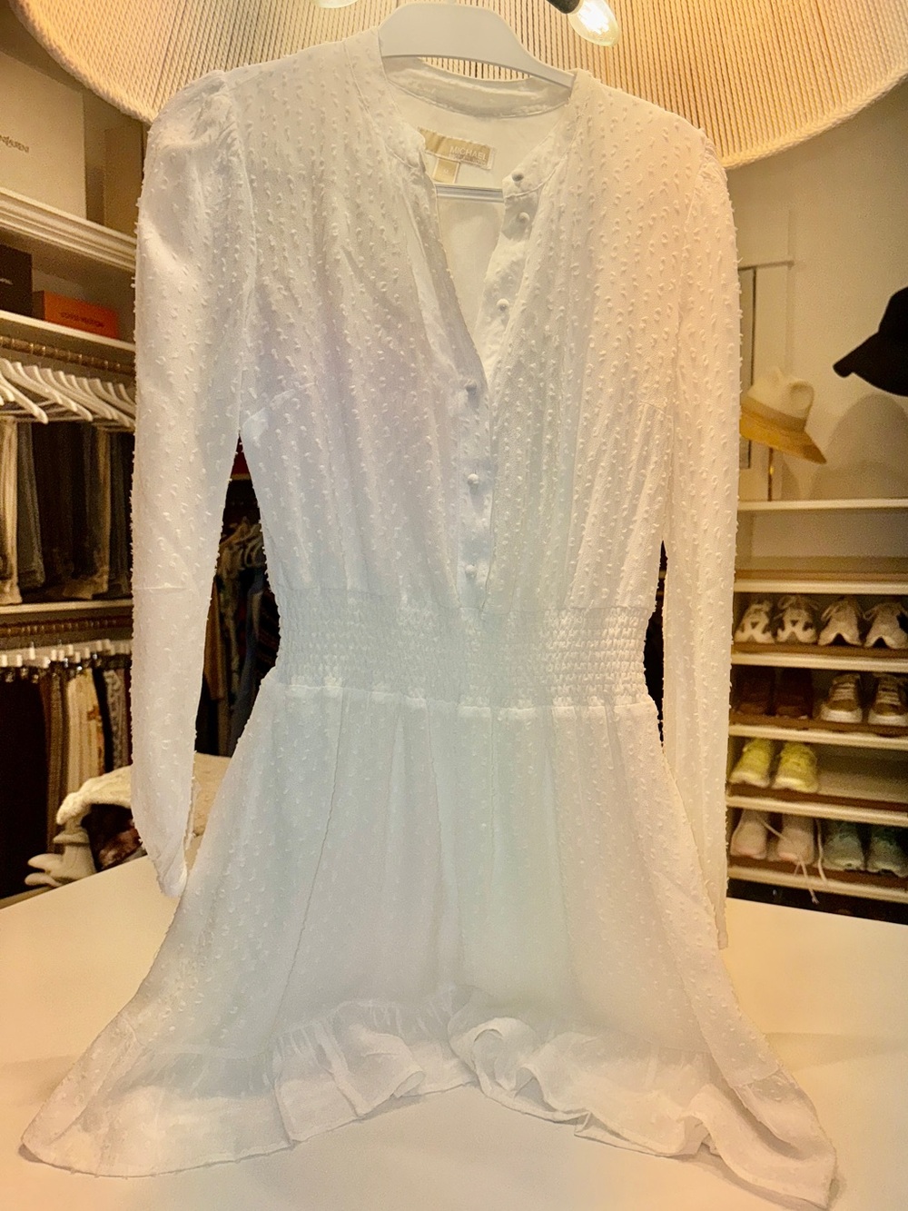 MICHAEL Michael Kors White Swiss-Dot Long Sleeve Midi Dress